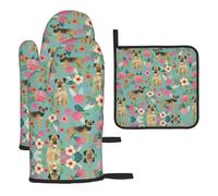 Three-piece set Heat Resistant Baking Mitts, Anti-Slip Cooking Gloves,Kitchen Oven Mitts,Border Terrier Florals Dog Breed