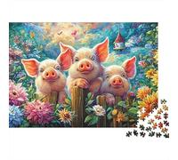 Three Pigs Lean on Fence Amid Flowers 1000-Piece Jigsaw Puzzle Cute Piggy Brain Training Game for Adults & Kids 52x38cm/1000pcs