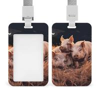 Three Pigs Sleeping Badge Holder Vertical Name Tag Holder Waterproof ID Protector Cover with Durable Detachable Lanyard for Office Factory Teachers