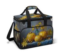 Three Pumpkins And Yellow Leaves on The Table Camping Cooler Bag Insulated Beach Coolers Portable Leak Proof Bags with Shoulder Strap