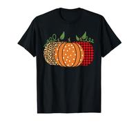 Three Pumpkins Leopard Buffalo Dot Plaid Autumn Halloween Value Graphic T-Shirt