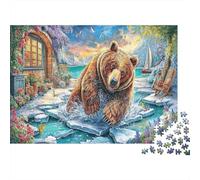 Three Puppies Recycled Paper Bear on Ice Floe by Cabin in Woods Jigsaw Puzzle Family Friendly Educational Toy 52x38cm/1000pcs