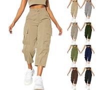 Three Quarter Length Trousers Cropped Trousers Women Summer Cargo Capri Joggers Drawstring Y2k Baggy Workwear Pants Ladies Casual Walking Combat Streetwear Sweatpants with Pockets (Khaki, M)