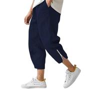 Three Quarter Length Trousers Linen Trousers Mens Loose Straight Lightweight Trouser Open Hem Comfortable Trouser Solid Color Hiking Pants Elasticated Waist Zipper Sweatpants Outdoor Navy