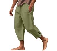 Three Quarter Length Trousers Mens Breathable Wide Leg Trousers Oversized Hiking Pants Straight Relaxed Jogging Pants Elastic Waist Drawstring Sweatpants Solid Color Lightweight Trouser Green