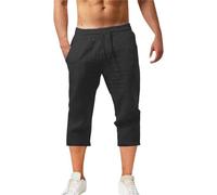 Three-Quarter Linen Shorts Men's Summer Plain Linen Shorts Short Cotton Linen Trousers Men's Summer Shorts with Pockets Loose Fit Casual Trousers Comfortable Jogging Bottoms Linen Fitness Trousers