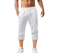 Three-Quarter Linen Shorts Men's Summer Solid Color Linen Shorts Short Cotton Linen Pants Men's Summer Shorts with Pockets Loose Fit Casual Pants Comfortable Jogging Pants Linen Fitness Shorts, White