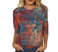 Three Quarter Sleeve Tops Cute Print Tee Shirts for Women UK Casual Lightweight Blouses Summer Round Neck Ladies Tops Brown S