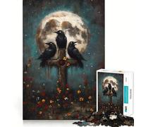 Three Ravens on Cross with Moon Hard Jigsaw Puzzle for Adults 1000 Pieces Strengthen Recall Stress Release Premium Edge Fine Art Piece (38x52cm)