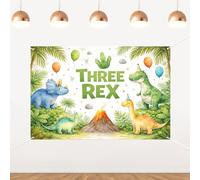 Three Rex Birthday Backdrop,Green Dinosaur 3rd Birthday Party Background,Vinyl Photography Banner for Boys Three Years Old Jungle Theme Cake Smash Photo Props Party Supplies