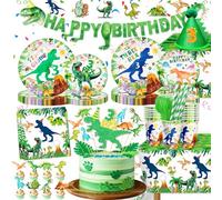 Three Rex Birthday Party Decorations Boy 173ps Watercolor Dinosaur 3rd Bday Tableware Set Jungle Leaves T-rex Dino Plates Napkins Cups Banner Tablecloth Crown 3 Rex Dino Party Supplies Decor Serve 24
