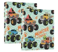 Three Ringing 2PCS Binders 1-1/2 Inch Binders with Clipboard 1/2 Pack School Binders Hardcover- Cartoon Monsters Truck Colorful