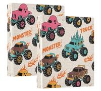 Three Ringing 2PCS Binders 1-1/2 Inch Binders with Clipboard 1/2 Pack School Binders Hardcover- Colorful Monsters Truck Fire Beige