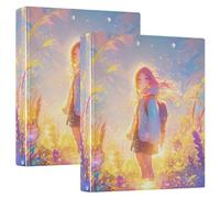 Three-Ringing 2PCS Notebook Binders One and A Half Inch Notebook Binders with Pocket Cover 1/2 Packs Binder for College Students 200 Sheets - Golden Sunset Anime Girl