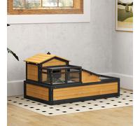 PawHut Wooden Tortoise House Indoor Outdoor w/ Balcony, Tray, Openable Roof, Yellow