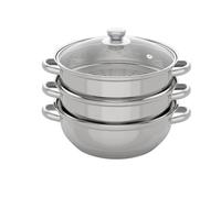 Three Round Tier Induction Hob Stainless Steel Steamer Steam Pot Cooker Set Glass Lid Multi Pan Cook Food Dishwasher,with Transparent Pot Lid,Infusion Grooves,Silicone Handles, Silver Steel, Cooking,