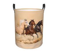 Three Running Horses Print circular Laundry Basket/Foldable Dirty Clothes Storage Hamper,Water Resistant, For Bedroom Bathroom Storage Bins