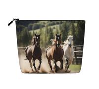 Three Running Horses Print Cosmetic Bag for Women,Faux Linen Makeup Bag Large Capacity,Perfect for Travel Daily Use
