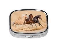 Three Running Horses Print Pill Box 2 Compartment Medicine Pill Case,Portable for Pocket Or Purse Pill Box Decorative Metal Medicine Organizer