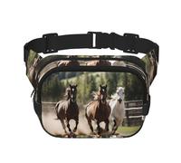 Three running horses Print Square Double Layer functionality Waist Bag Unisex Crossbody Pack Travel Workout, Black, One Size