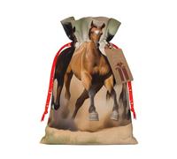 Three running horses Printed Christmas Drawstring Bags Reusable Bag for Party Xmas Gift Wrapping, Red Ribbon, S