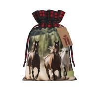Three Running Horses Printing Color Matching Plaid Christmas Bag With Drawstring For Christmas Birthdays Party,4.7x6.9 Inch