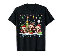 Three Santa Reindeer Elf Monkeys Christmas Animal Lover Kids T-Shirt