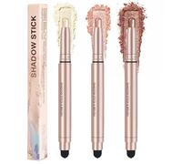 Three Shimmer Eyeshadow Stick Set in Light Beige, Rose Pink & Copper Brown - Dual-Ended Cream Metallic Eyeshadow Crayon with Built-in Blending Brush for Portable Eye Makeup