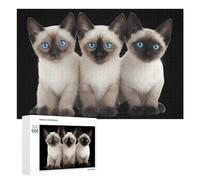 Three Siamese Cats with Blue Eyes Funny Wooden Puzzle Adults Difficult Jigsaw Puzzles with Storage Box for Family Game Birthday Gift