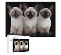 Three Siamese Cats with Blue Eyes Funny Wooden Puzzle Adults Difficult Jigsaw Puzzles with Storage Box for Family Game Birthday Gift