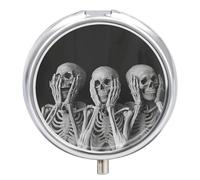 Three Skeletons Pill Box 3 Compartment Travel Pill Organizer 3 Times A Day Cute Mini Pill Case for Purse & Pocket Portable Metal Medicine Box with Mirror Round Daily Medicine Vitamin Container