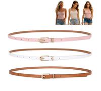 Three Slim Belts For Women In Pink White Brown - Adjustable Thin Waist Belt With Gold Buckle For Jeans Dresses Trousers Skirts, Matte Finish, Synthetic Leather, Versatile Accessory For Casual Outfits