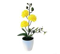 Three Small Ball Chrysanthemum Artificial Flower Potted Plant for Home Office Desk Shelf Decor with Realistic Plastic Flowers (Yellow)