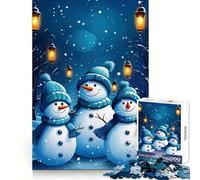 Three Snowmen in Winter Night Scene Jigsaw Puzzles for Adults 1000 Piece Memory Boost Cozy Time Pattern Assembly Santa Wish List (38x26cm)