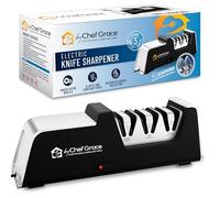 Three Stage Diamond Electric Knife Sharpener with 100% Diamond Abrasives. 15° Precision Angle Guides with 350 Grit, 600 Grit and 1000 grit for a Professional Sharpening and polishing