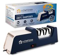 Three Stage Diamond Electric Knife Sharpener with 100% Diamond Abrasives. 15° Precision Angle Guides with 350 Grit, 600 Grit and 1000 grit for a Professional Sharpening and polishing.