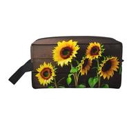 Three Sunflowers On Wooden Print Makeup Bag, Portable Travel Makeup Pouch, Toiletry Organizer, Large Make Up Bag For Women