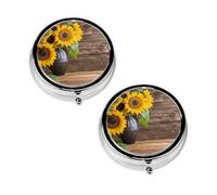 Three Sunflowers On Wooden Print Pill Box 3 Compartment Medicine Pill Case,Portable for Pocket Or Purse Pill Organizer Decorative Metal Medicine Vitamin Organizer Unique Gift