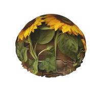 Three Sunflowers on Wooden Printed Double-Layer Waterproof Shower Cap - Reusable Spa & Face Mask Bathing Hat for Travel, Home Care & Beauty Routine