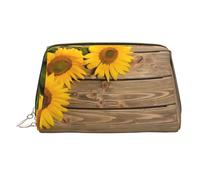 Three Sunflowers on Wooden Printed Hand-held Zipper Cosmetic Bag Large Travel Toiletry Bag Suitable for Home and Travel