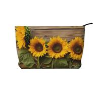 Three Sunflowers on Wooden Prints Corduroy Makeup Bag for Women Girls, Spacious Travel Cosmetic Organiser for Make-up, Toiletries & Essentials