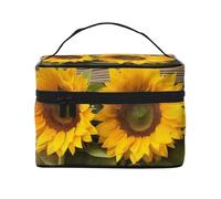 Three Sunflowers on Wooden Prints Travel Makeup Bag Flip Portable Toiletry Bag with Handle for Women's Travel and Daily Use