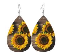 Three Sunflowers On Wooden Teardrop Faux Leather Earrings Set For Women Printed Lightweight Dangle Drop Pierced Girls