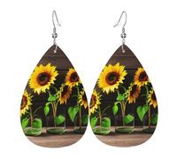 Three Sunflowers On Wooden Teardrop Faux Leather Earrings Set For Women Printed Lightweight Dangle Drop Pierced Girls