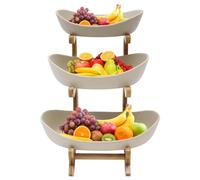 Three-Tier Bamboo Frame Ceramic Fruit Bowl Stand - Elegant Porcelain Serving Bowls for Fruits, Vegetables, Snacks, Desserts & Cakes - Perfect Kitchen Decor & Storage Solution