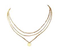 Three-Tier Gold Pearl Necklace For Women, 14K Plated Adjustable Length Necklace With Round Pendant, Elegant Layered Jewelry For Special Occasions