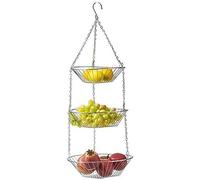 Three Tier Metal Fruit Vegetable Basket Kitchen Storage Rack Holder With Chain Large Capacity Perfect For Fruit Vegetables Toiletries Bathroom Storage Silver