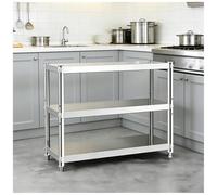Three-tier Stainless Steel Workbench with Folded-edge Design and Triangular Supports Kitchen Work Table Featuring Adjustable Legs Reinforced Crossbars and Height-adjustables Shelves