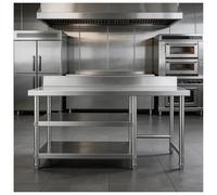 Three-tier Stainless Steel Workbench with Splash Guard Kitchen Work Table Adjustable Legs Brushed Finish Reinforced Crossbars Triangular Joint Structure Suitable for Hotels