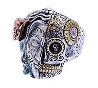 Three Tone 925 Sterling Silver Half Face Sugar Skull Ring Angel Devil Ring Gothic Biker Jewelry for Men Women Size 7.5-11.5